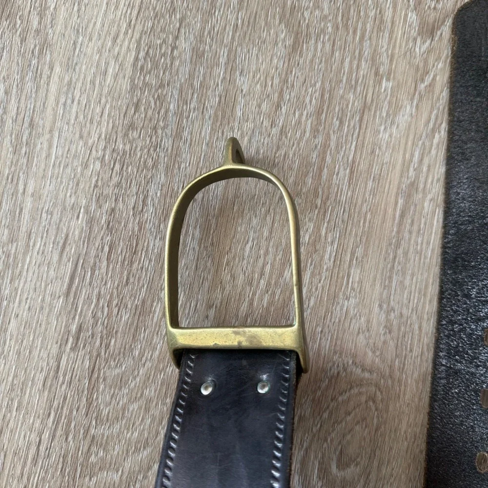 VTG Italian Leather Belt Brass Stirrup Hook Buckle Dark Brown Made in Italy 36